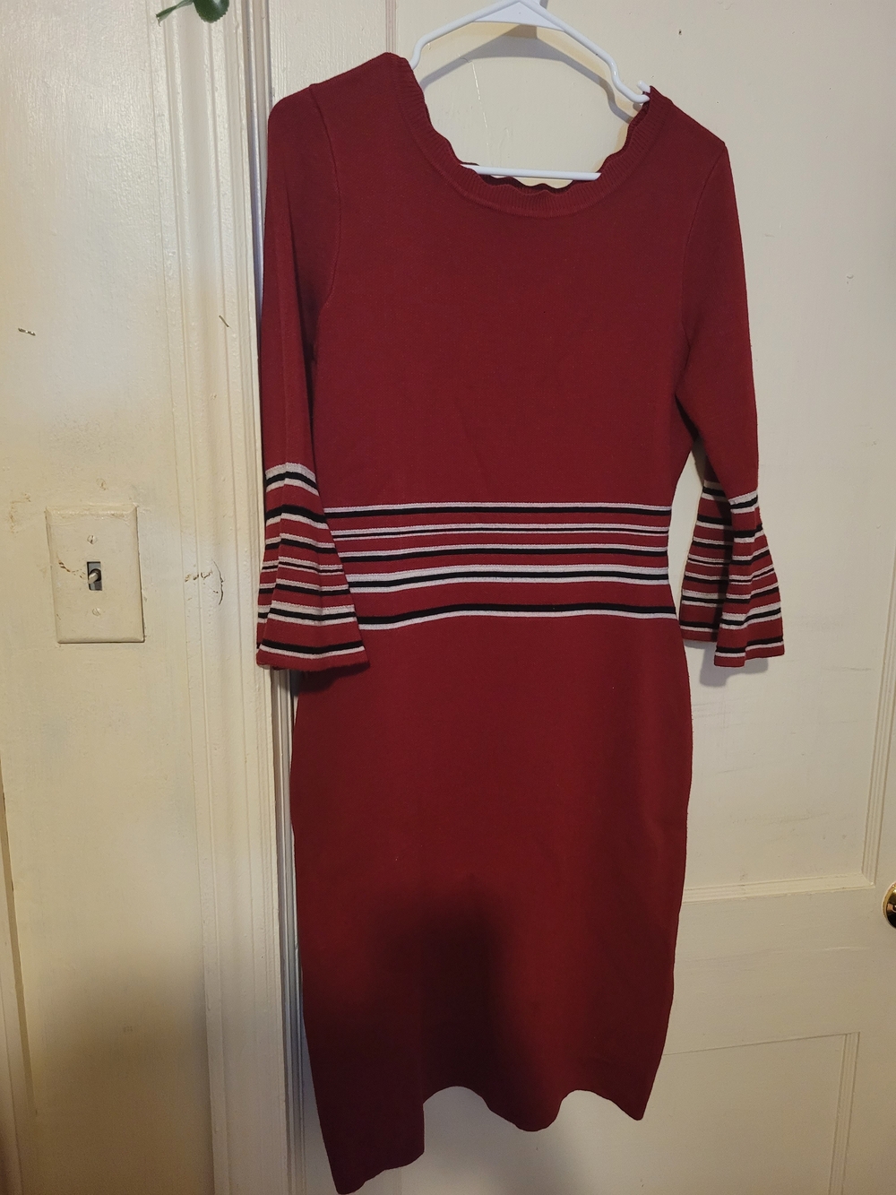 Gabby Skye Red Knit Dress with Striped Waist and Bell Sleeves